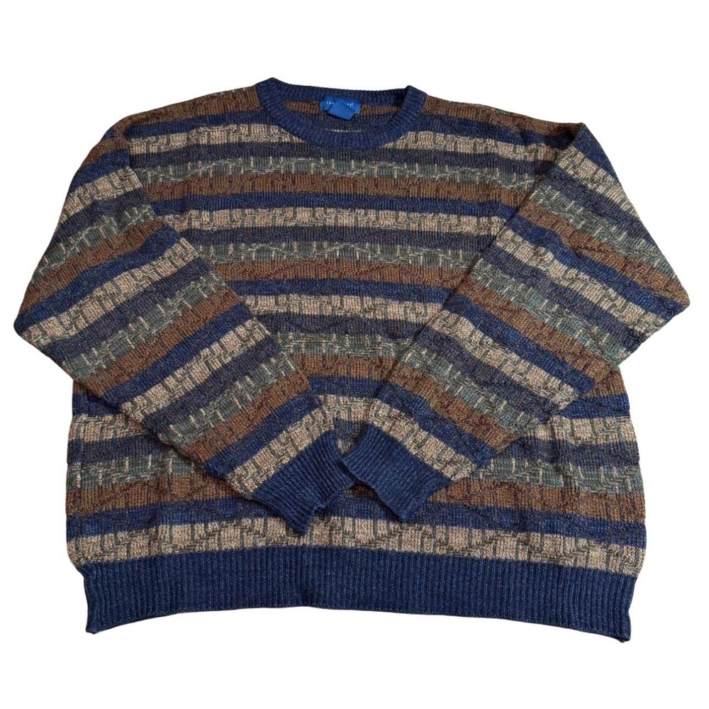 Towncraft Vintage 90s Striped 3D Textured Knit Sweater Mens XL Blue Brown Green‎